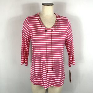 Rebecca Malone Womens Top Pink White Striped 3/4 Sleeves V Neck Stretch MRSP $40